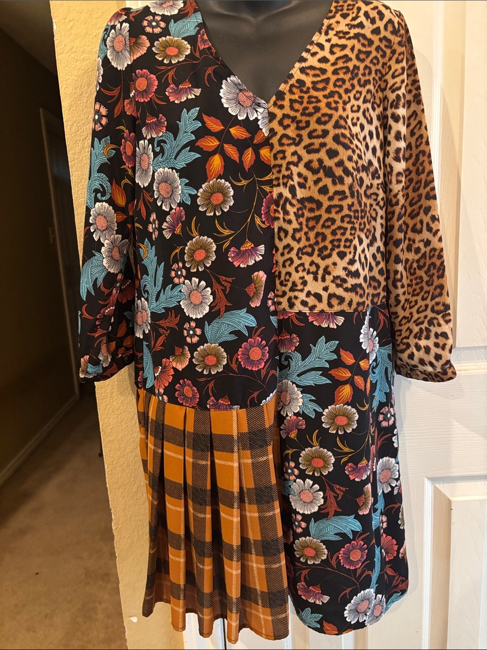 Uncle Frank Mixed-Print Long Sleeve Dress — Black, Tan, Turquoise, Orange